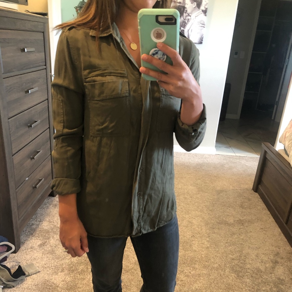 Olive distressed button down top